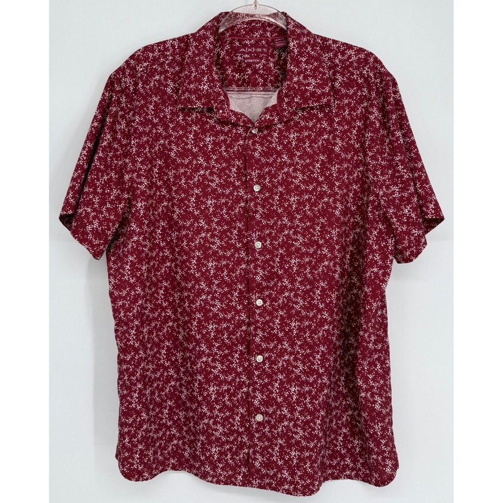 Axist Mens Short Sleeve Button Down Shirt Burgundy Red White Stretch Sz XL